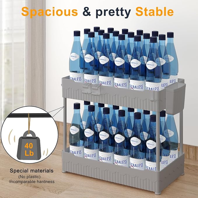 2-Pack Under Sink Organizer with Hooks & Hanging Cup for Kitchen | Multi-use kitchen & bathroom storage, 14.8 inch grey cabinet organizer, with hooks and hanging cup for easy access.