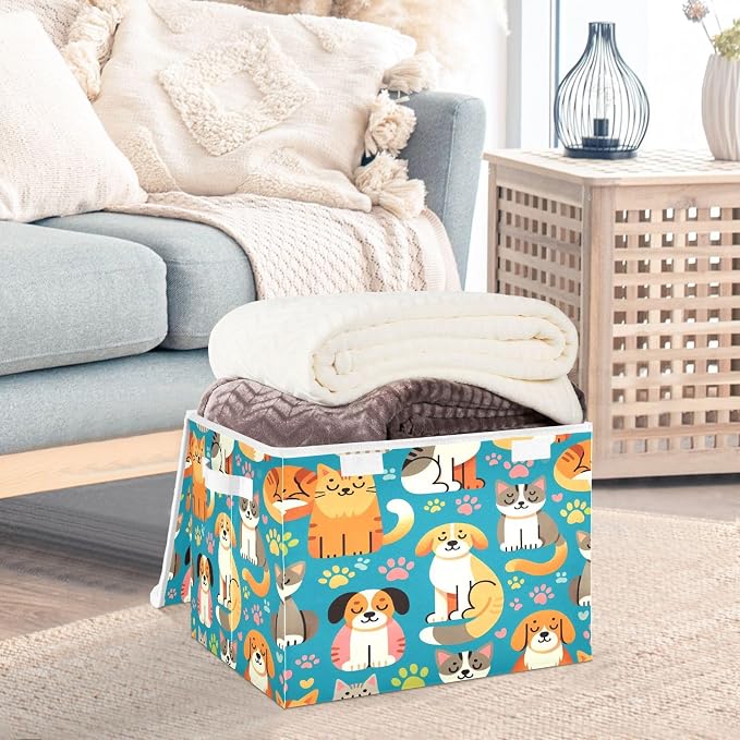 Storage Box Dogs and Cats Storage Bins with Lids, Larger Collapsible Fabric Storage Baskes with Handles for Living Room, Playroom, Bedroom, Nursery 16.5x12.6x11.8 Inch