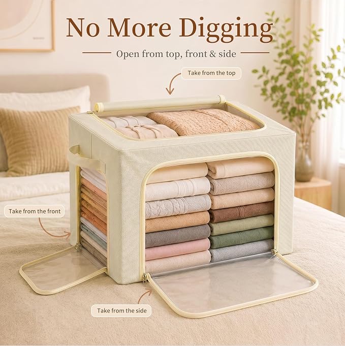 GoMaihe Clothes Storage Bins with Metal Frame for Closet, 40L 6-Pack Beige | Seasonal Clothes Hoodies Jeans, Closet Top Shelf Linen Closet Organizer, 3 Side Access Stackable Collapse-Proof, Clear Window