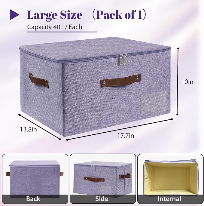 ANMINY Storage Box Fabric Bins with Zipper Lid, 17.7"x13.8"x10" Purple 3PCS | Keepsake Box, Decorative, Cotton Linen, Reinforced PP Board Frame, Washable, Stackable & Foldable, Label Holder & PU Handles