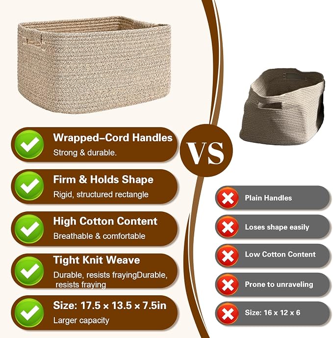 3 Pack Large Storage Basket for Organizing, 17.5"x13"x7" Woven Basket for Shelves, Closet Cube Storage Bins with Wrapped Handle, Cotton Rope Baskets for Kitchen, Clothes, Toys(Natural))