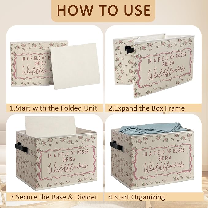Pink Wildflower Girl Nursery Foldable Storage Bins Box with Handles, in a Field of Roses She Is a Wildflower Inspirational Decorative Storage Boxes Baskets Toybox Organizer for Girls Room