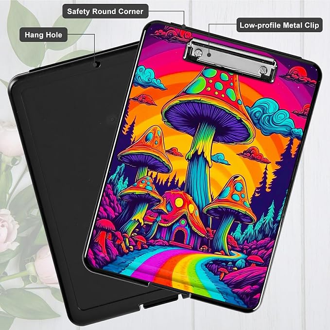 Rainbow Road Mushroom A4 Clipboard with Storage Pen Holder, Clipboards Organizer Nursing Clipboard Foldable File Folder Plastic Clipboard Folio Clip Board for Office Students Classroom
