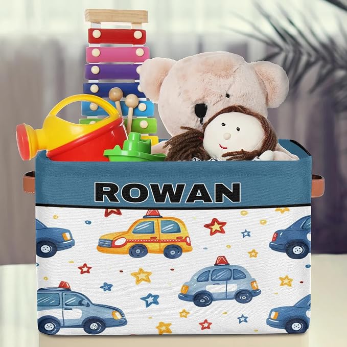 Personalized Kids Toy Box with Name, Custom Nursery Baskets Cubes Bins, Kids Custom Storage Basket Laundry Baskets Organizer with Handles, Cartoon Police Car with Stars
