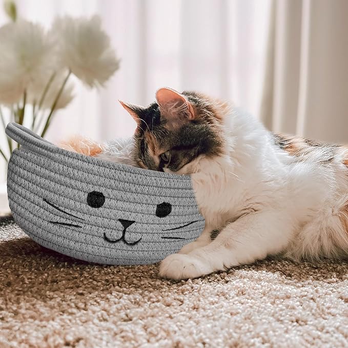 Small Cat Toy Basket, Gift Baskets Empty for Baby Shower,9.8" x 4" | Boo basket Cute Woven Rope Storage Basket for Home Decor, Baby Baskets for Nursery, Cat Pet toy box, Grey