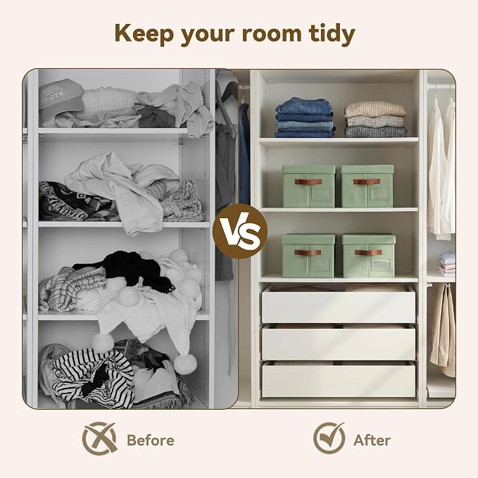 GRANNY SAYS Storage Bins with Lids, Decorative Storage Boxes with Lids | Storage Box with Dust Cover, Handles & Lable, Collapsible, Ideal for Closet Clothes Blanket Toys, Medium, Green&Brown, 3-Pack