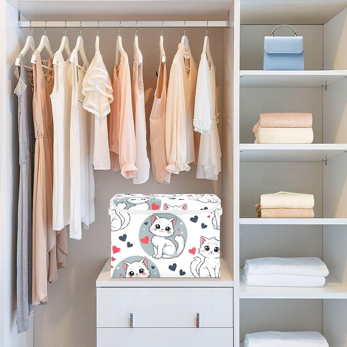 Cat Love Fabric Storage Bins with Lid Foldable Storage Boxes 40L Baskets | Foldable & Stackable, Flip Top Dust Guard, Reinforced Handles, Home & Bedroom, Clothes & Toys, Oxford Print Basket