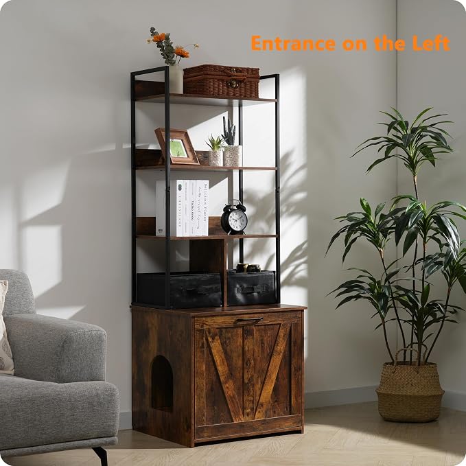 Dwanton Cat Litter Box Enclosure, 3 Storage Shelves and 2 Drawers, 61.8" H | 2-in-1 Hidden Cat Litter Box Enclosure Furniture with Shelf, Metal Frame, Reversible Entrance, Washable Drawers, Rustic Brown