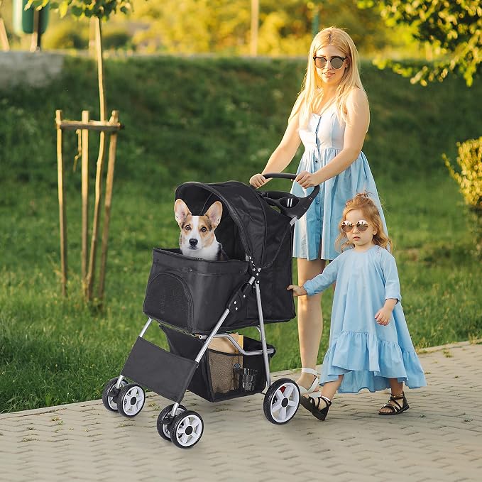 Pet Stroller for Medium Small Dogs - Easy to Walk Folding Travel Carrier Strolling Cart with Cup Holder, Weather Cover and Storage Basket'