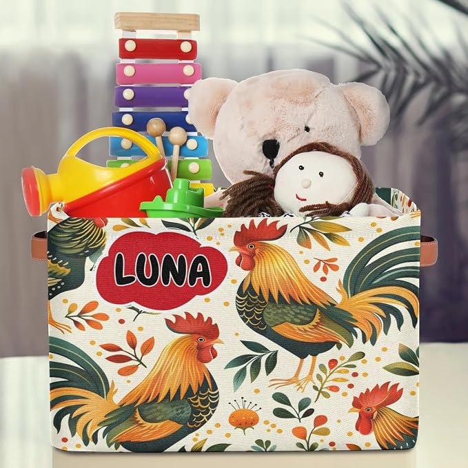 Custom Storage Baskets for Kids Name, Large Foldable Organizer Collapsible Storage Bin with Leather Handle for Home Toys Closet Nursery, Farmhouse Cock Rooster