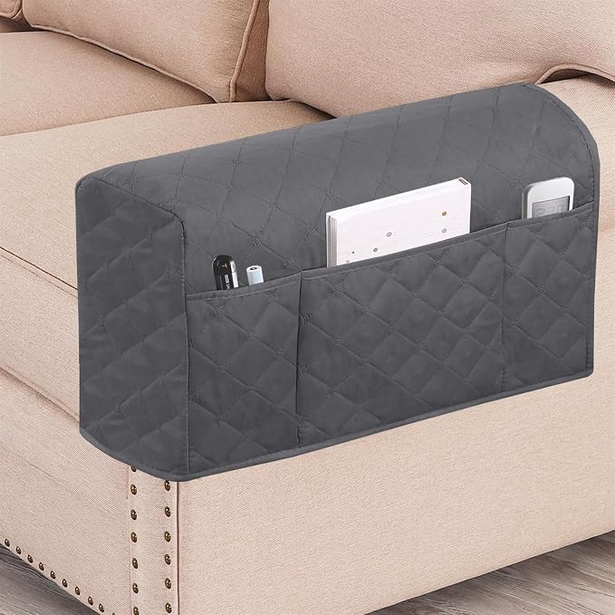 2 Pcs Waterproof Couch Arm Covers Dirty-Resistant Anti-Scratch Arm Rest Covers for Sofa with Side Pocket Anti-Slip Arm Chair Covers, Armrest Organizer(Grey)