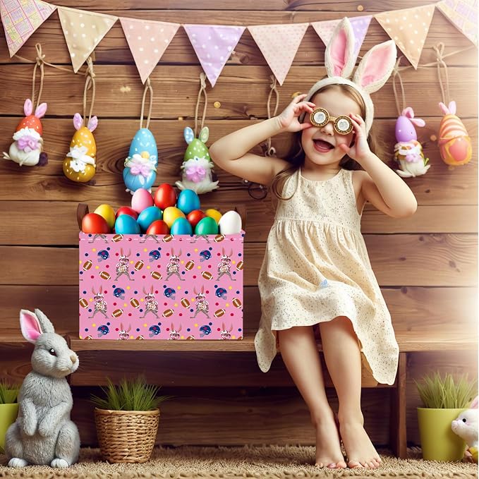Large Cute Easter Basket for Kid Empty Gift Baby Rectangle Storage Bin Bunny Eggs Boy＆Girl Room Décor (Rabbit Rugby Pink)