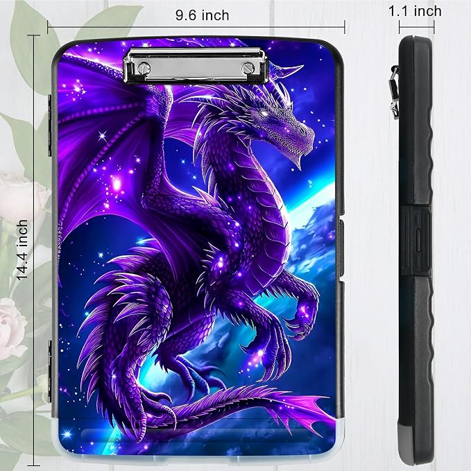 Purple Planet Dragon A4 Clipboard with Storage Pen Holder, Clipboards Organizer Nursing Clipboard Foldable File Folder Plastic Clipboard Folio Clip Board for Office Students Classroom