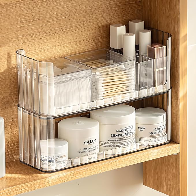 PAVSTINE 2-Tier Stackable Medicine Cabinet Organizer, Narrow Bathroom Makeup Organizer with Lipstick Holders & Cotton Swab Cases, Clear Countertop Shelf for Mirror Cabinet and Vanity