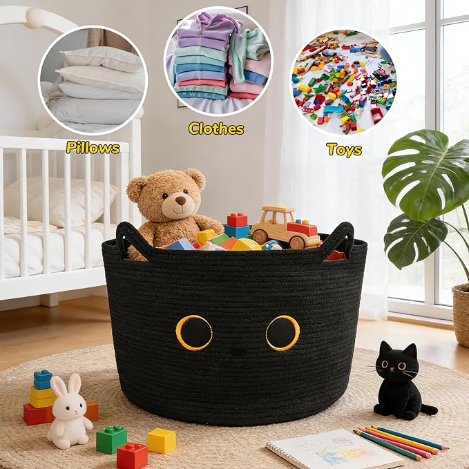 Large Black Cat Basket for Nursery,Cute Cat Woven Laundry Blanket Cotton | Rope Extra Storage Basket with Handles, 0rganize Decorative Gifts for Towels Pillow Clothes Hamper Toy Bin,23"D×13"H