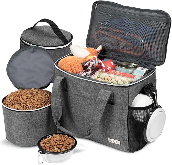 BAGLHER Dog Travel Bag Backpack Pet Supplies Backpack Pet Accessories Storage Bag 5-Piece Set With Shoulder Strap 2 Lined Pet Food Containers 4 Foldable Feeding Bowls Essential Kit for Pet travel
