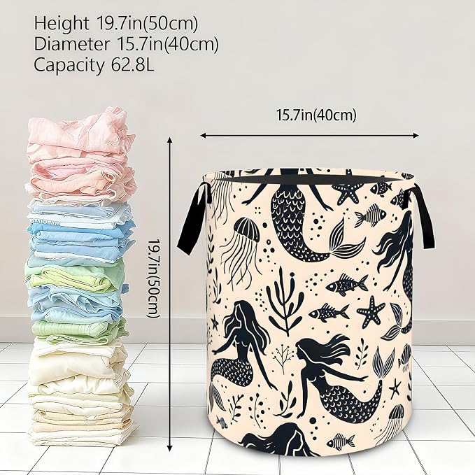 Retro Mermaid Laundry Basket,Ocean Dirty Clothes Hamper,Marine Life Storage Bin,Nautical Gifts,Foldable Waterproof Oxford Cloth Baskets for,Bathroom,Beach House Decoration(19.7" x 15.7")