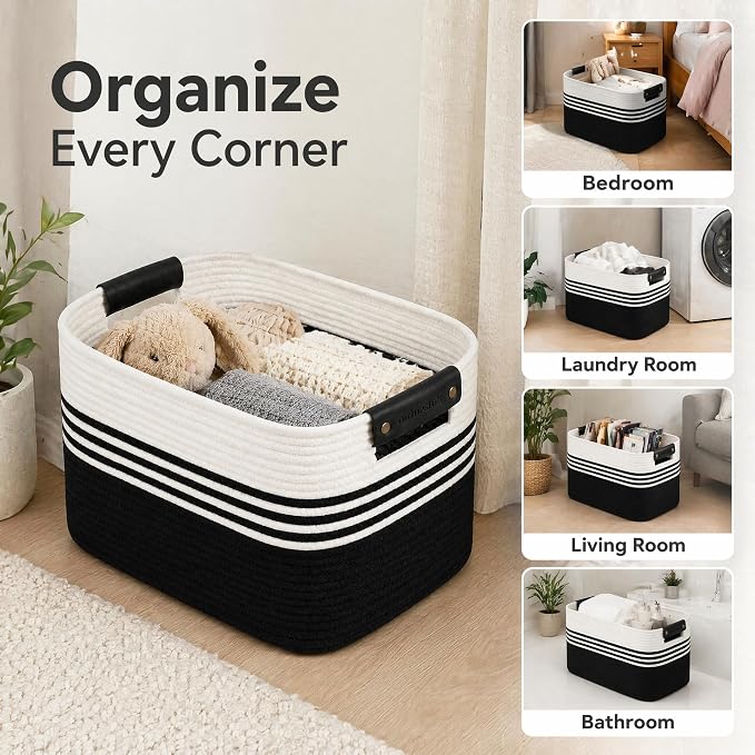 Cotton Rope Laundry Basket Small, 12.8GAL Collapsible Woven Storage Baskets for Living Room Kids Toys Stuffed Animal,Boho Rectangular Decorative Short Hamper for Dirty Clothes, Blankets White Black