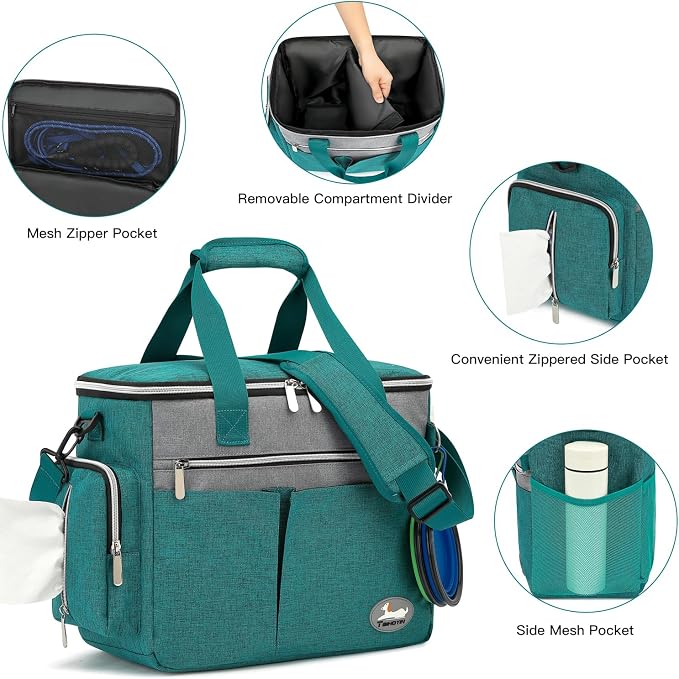 Dog Travel Bag for Pet Kit for Supplies with 2 Food Storage Containers 2 Collapsible Bowls 1 Feeding Mat 1 Dog Treat Pouch 7-Piece Set Perfect Road Trips Camping Weekend (Teal)