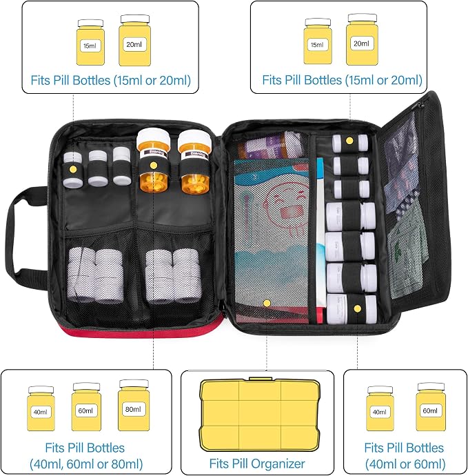 CURMIO Pill Bottle Organizer, Lockable Medicine Bottle Storage Bag, Red | Emergency Medical Supplies for Home Care, for First Aid Kits, Multifunctional Bag, Home Storage, Dormitory, Travel, Empty Bag
