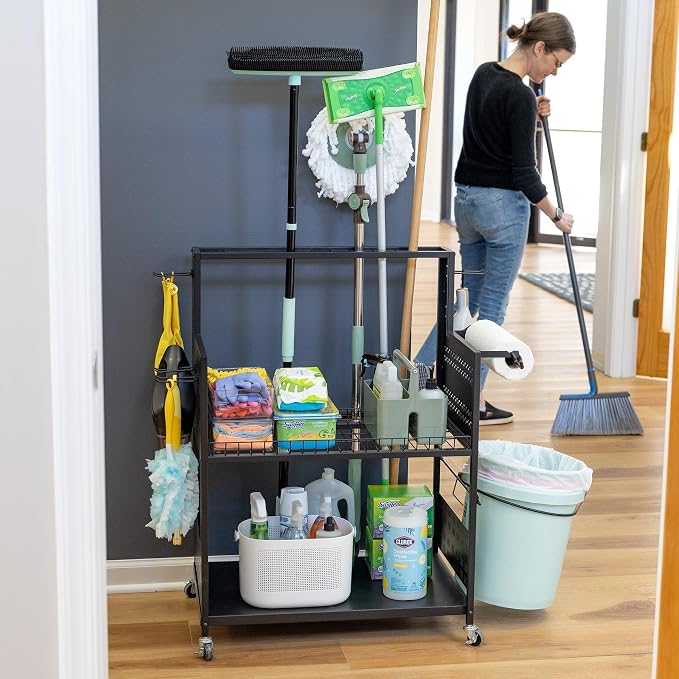 Large Cleaning Caddy with Wheels, 3 Tiered Rolling Cart Auto Detailing Cart, Car Truck SUV Boat RV, Rolling Cleaning Caddy Polisher Holder, 37 in x 17 in x 26 in, Solid Steel Holds 250 lbs