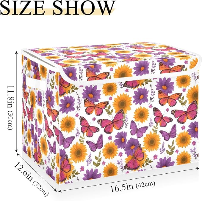 Butterfly Floral Storage Bins with Lids Closet Bedroom 40L Storage Basket | Decorative Storage Boxes, Foldable & Stackable, Dust-Proof Flip Top, Reinforced Handles, For Home & Dorm, Clothes & Toy Box