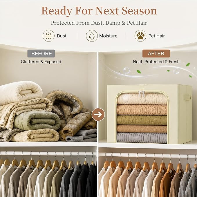 GoMaihe Clothes Storage Bins with Metal Frame for Closet, 40L 4-Pack Beige | Sweaters Hoodies Jeans T-Shirt, Closet Top Shelf Organizer, Collapse-Proof Stackable, Clear Window, Dual Access Space Saving