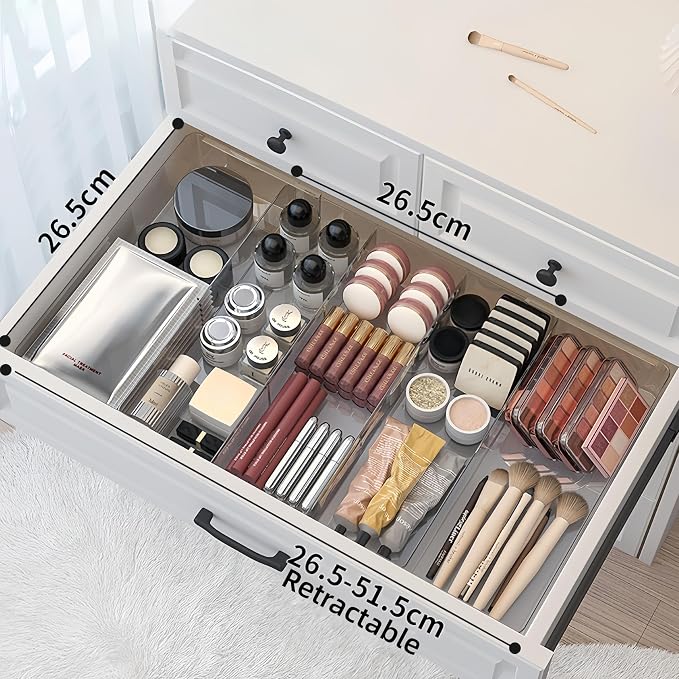 Expandable Drawer Storage Box with 6 Removable Dividers - 2.04" Depth for Light Drawers, Kitchen Utensils, Cosmetics, Office Supplies Organizer (10.43" Length, 20.27" Width)
