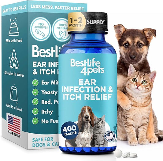 Itch Relief and Ear Infection Treatment for Dogs & Cats, Natural Ear Mites Treatment for Cats and Dogs Soothes Itchy Ears, Reduces Swelling, Otitis, Pain & Inflammation, 400 Easy to Give Tiny Pills