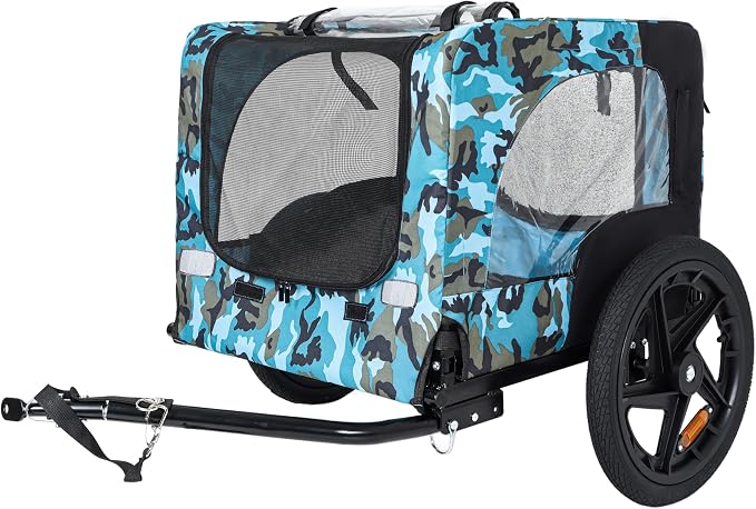 KEIKI Dog Bike Trailer with Built-in Leash, Pet Stroller Cart Bicycle Carrier, Easy Folding Cart Frame with Front Caster & 16" All-Terrain Wheels & Universal Hitch, Supports up to 66 lbs