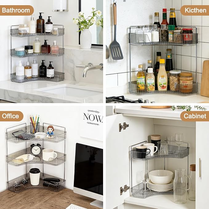 Corner Bathroom Counter Organizer, Vanity Organizer - Countertop Corner Shelf for Makeup Storage,Spice Racks for Kitchen Corner (Gray, 3-Tier)