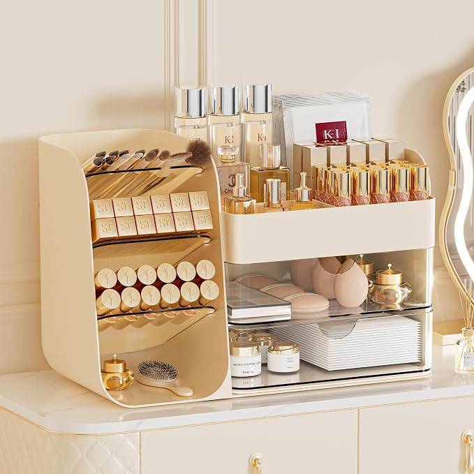 Cute Makeup Organizer Countertop for Vanity Bathroom Organizer, Cream | Beauty Organizers and Storage with Brush Holder and Drawer, Make up Organizer for Perfume Lotions Psticks, Eyeshadow Palettes