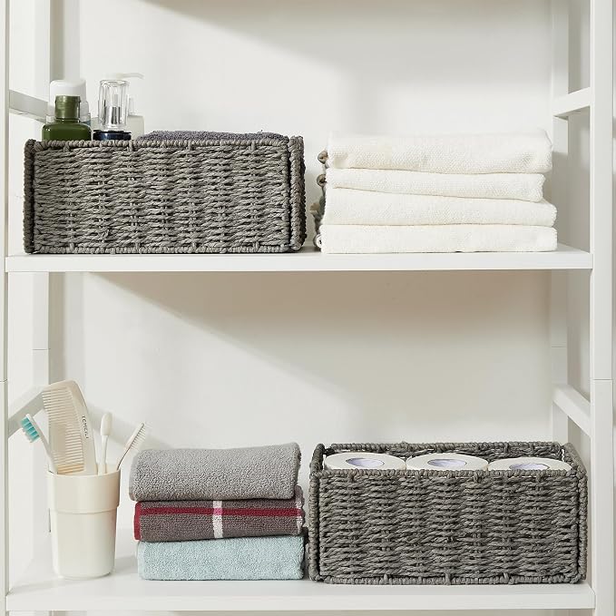 Vagusicc Wicker Storage Basket, Set of 2 Grey Baskets for Toilet Paper | Hand-Woven Wicker Baskets, Small Storage Baskets for Organizing with Handles Foldable Cube Storage Organizer Bins for Shelves