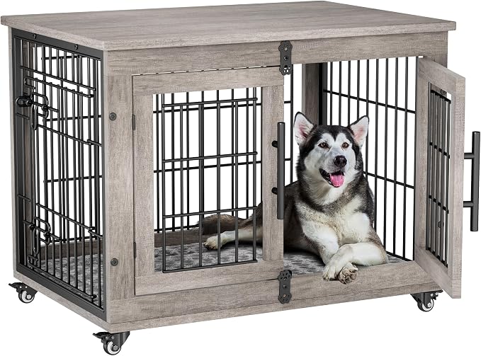 2 Pack Dog Crate Furniture,32'' Heavy Duty Kennel with Cushion & Wheels | Grey, Double Doors, Wooden Dog Cage, Chew-Resistant, End Table, Decorative, 27"/32"/38"/44" Options, Indoor
