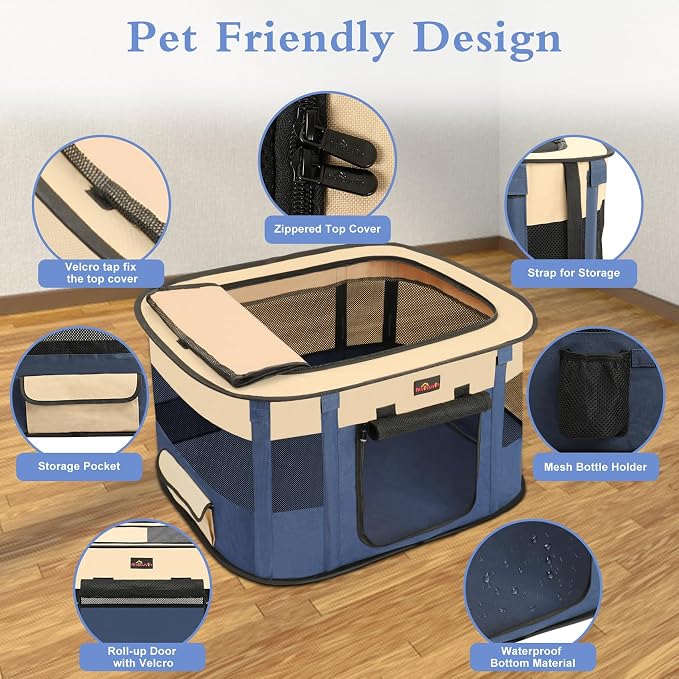 Dog Playpen, Pet Playpen, Foldable Kitten cage Puppy Play Pen, Portable Dog Kennel Tent Crate, Indoor Outdoor Travel Camping Use for Small Animals with Carrying Case (Blue L)
