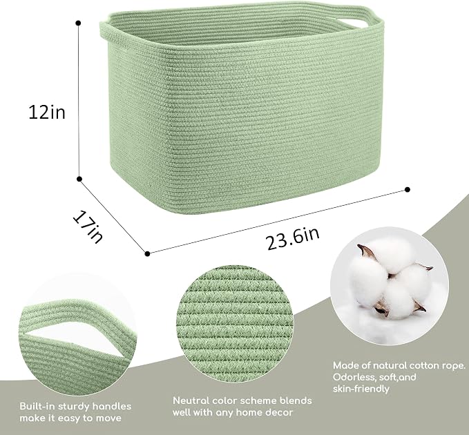 Large Green Baskets for Organizing, 23.6" x 17" x 12" Rectangle Blanket Holder Organizer, Kids Toy Storage Bins, Woven Rope Storage Basket, Green Home Decor Basket, Baby Nursery Storage