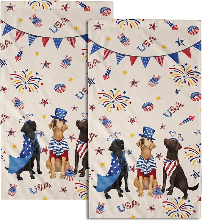 Giwawa 4th of July Dogs Towel Set of 2 Patriotic Puppy Hand Fingertip Towel Independence Day USA Stars Firework Quick Drying Dish Wash Cloth for Hotel Bathroom Gym Home Spa Holiday Decor
