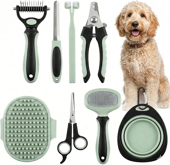 HamInWay 8-in-1 Pet Grooming Kit for Dogs & Cats – Includes Brushes, Combs, Nail Clippers & File – Professional Grooming Tools Set in Logo Bag – Safe, Gentle & Durable – Ideal for All Pet Sizes