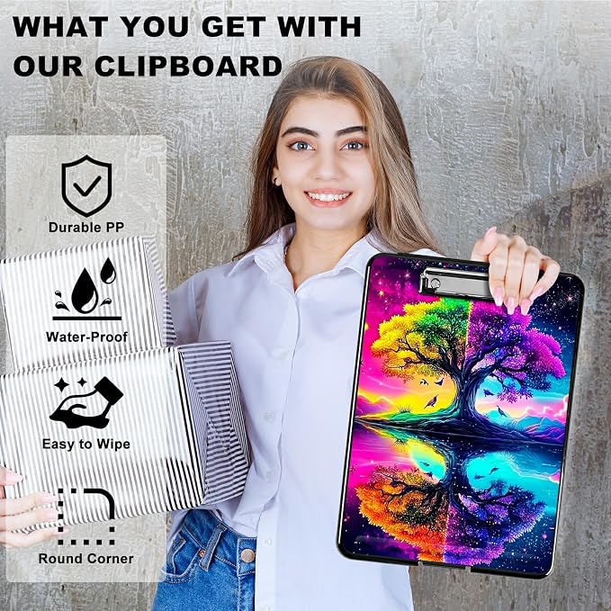 Heavy Duty Storage Clipboard, Slim Nursing Clipboard with Internal Pen Case, Portable File Organizer Case for A4 Letter Size Paper Office Medical Professionals, Purple Green Tree