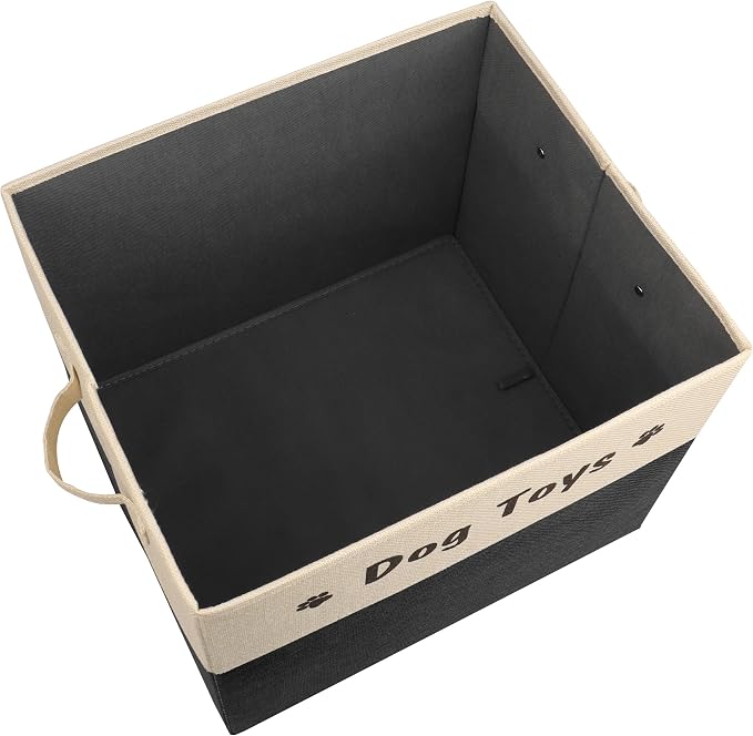 PET ARTIST Large Dog Toy Basket, Foldable Dog Toy Bin Box for Living Roon Area, Collapsible Storage Baskets with Comfortable Handles for Pet Coat,Accessories, Black, 15"x13"x12"