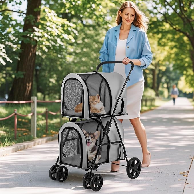 Giantex Double Pet Stroller with 2 Detachable Carrier Bags, Safety Belt, 4 Lockable Wheels, Folding Cat & Dog Stroller for Small Medium Pets, Cats Dogs Puppy Travel Strolling Cart (Gray)