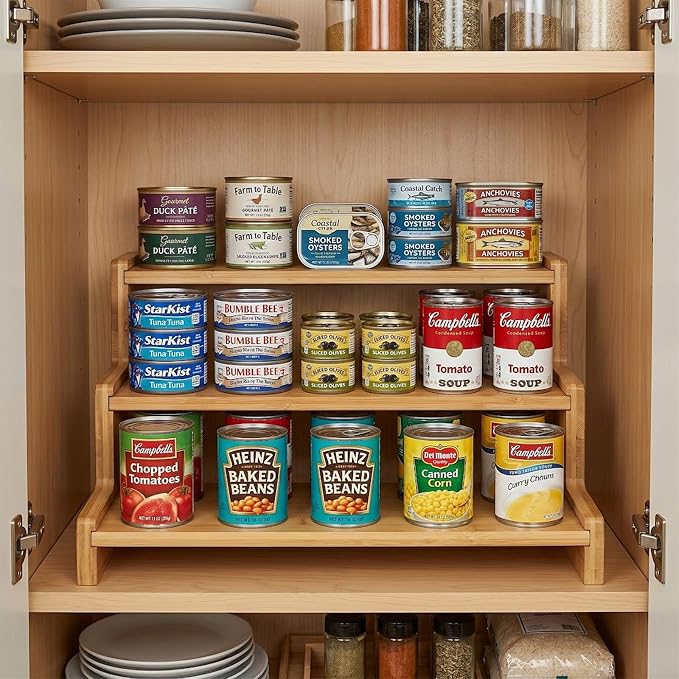 Natural Bamboo Can Organizer for Pantry, 3-Tier Countertop Storage Rack for Canned Food, Soda, Soup and Pet Food, Tiered Cabinet Shelf Display