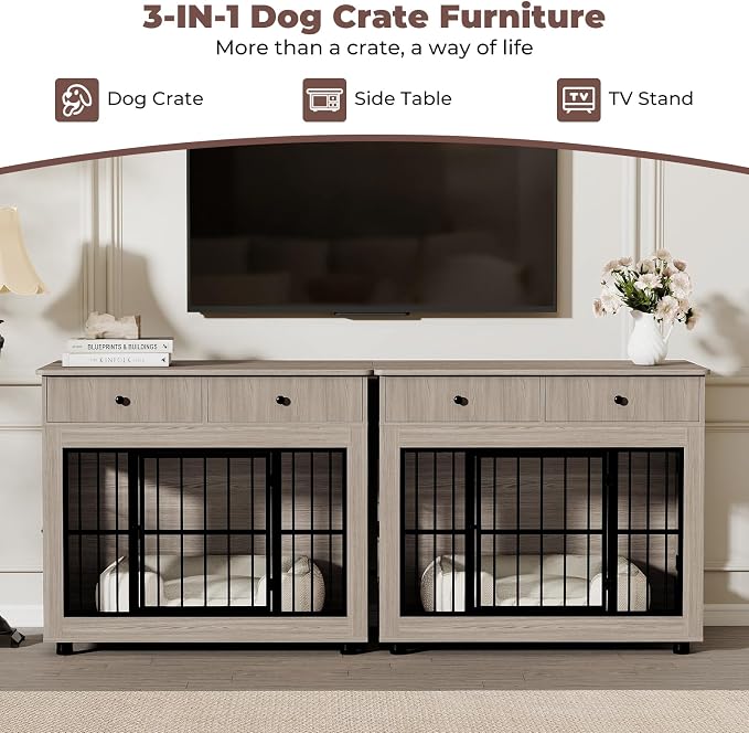 Dog Crate Furniture-Farmhouse Dog Kennel with Drawers, 40 Inch | Heavy Duty End Table, Wooden Decorative Pet Crate, Furniture Crate Dog iIndoor for Small Medium Large Dog, Oak Grey