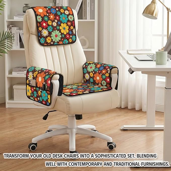 Colorful Daisy Recliner Chair Slipcover Waterproof 4 Piece | Retro Recliner Chair Covers Quilted Non Slip Washable Furniture Protector for Armchairs Wingback Lazy Boy Reclining Chairs