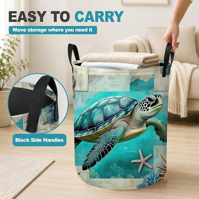 Laundry Basket,Sea Turtle Beach Foldable Clothes Hamper with Handles,Coastal Ocean Waterproof Oxford Cloth Storage Organizer for Bedroom Bathroom College Dorm,16" x 20"