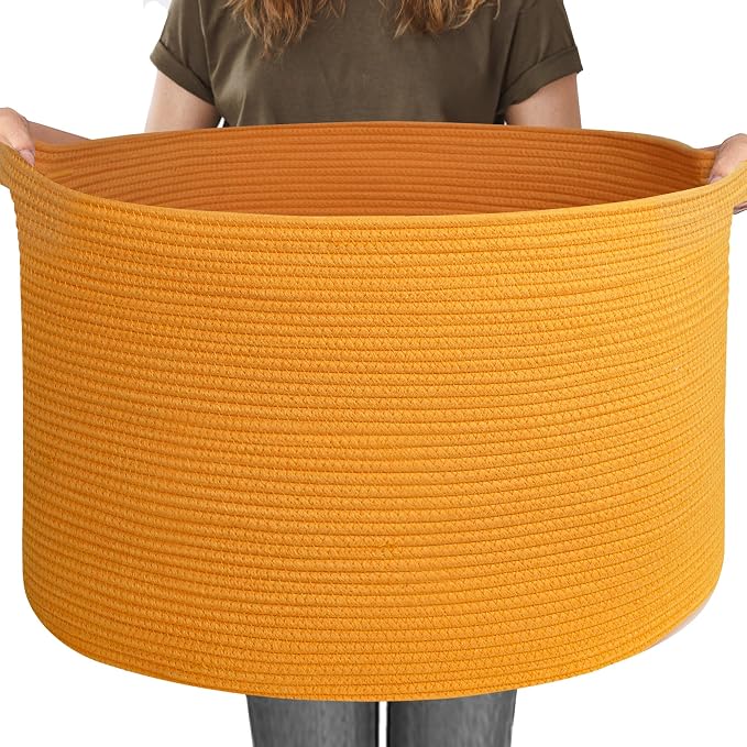 Extra Large 115L Orange Basket, 23.6"x15.7" Woven Cotton Rope Bins for Blankets, XXXL Baby Nursery Laundry Towel Basket, Oversized Kids Dog Toy Storage Box, Orange Living Room Decor Organizer