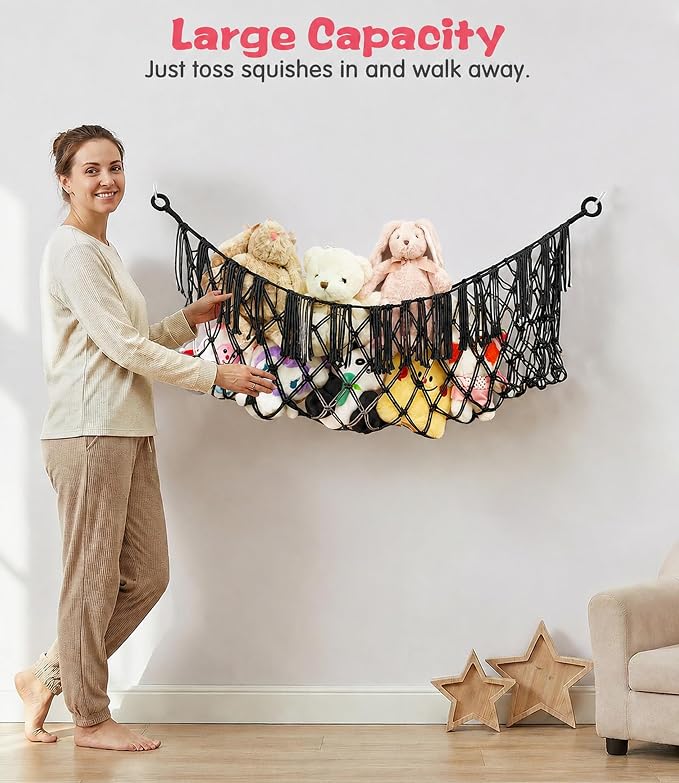 Stuffed Animal Net Hammock, Save Space Eliminate Clutter (Black) | Premium Cotton Hand-knitted plush hammock, Boho Stuffed Animal Storage for Nursery, Bedroom Decor, playrooms