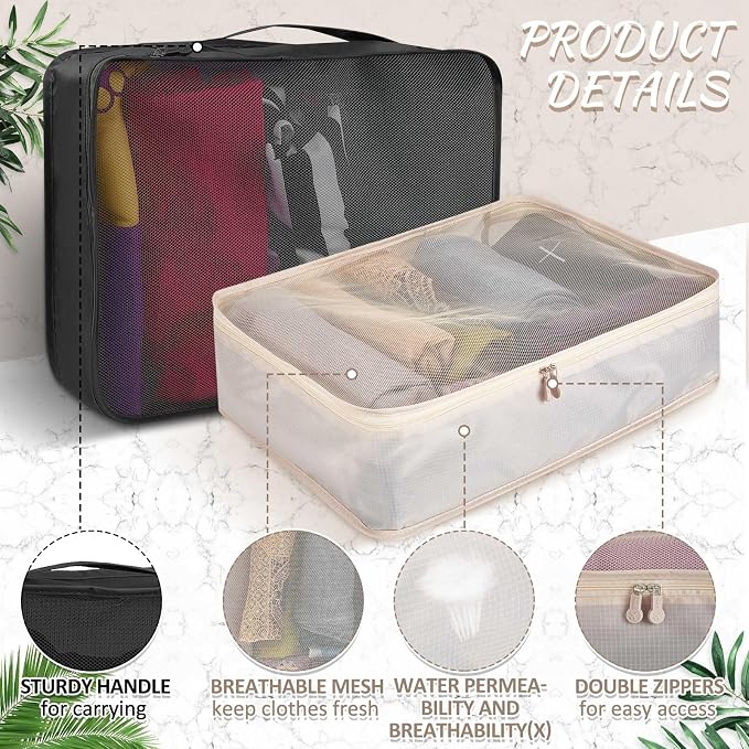 Silkfly 8 Pcs XL Packing Cube for Travel Luggage,Simple,Black Beige | 17.7 x 13 x 4.7, Same Size, Black and Beige Suitcase Storage Organizer Set, Reusable Mesh Clothes Cube for Hiking Camp Family