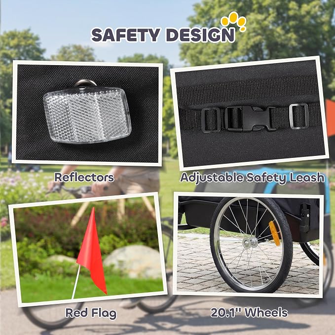 PawHut Dog Bike Trailer 20" Air Tires for Small Medium Breeds 44 lbs | Pet Cart Bicycle Carrier, Quick-Release Wheels, Reflectors, Flag, Dog Cart for Bicycle