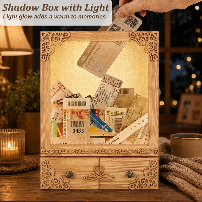 11x16 Shadow Box Frame with Light, Wedding Memorial Display Case with Shelves, Drawer and Slot for Keepsakes Large Deep Shadow Box for Flowers,Wedding Gift, Rustic Wood